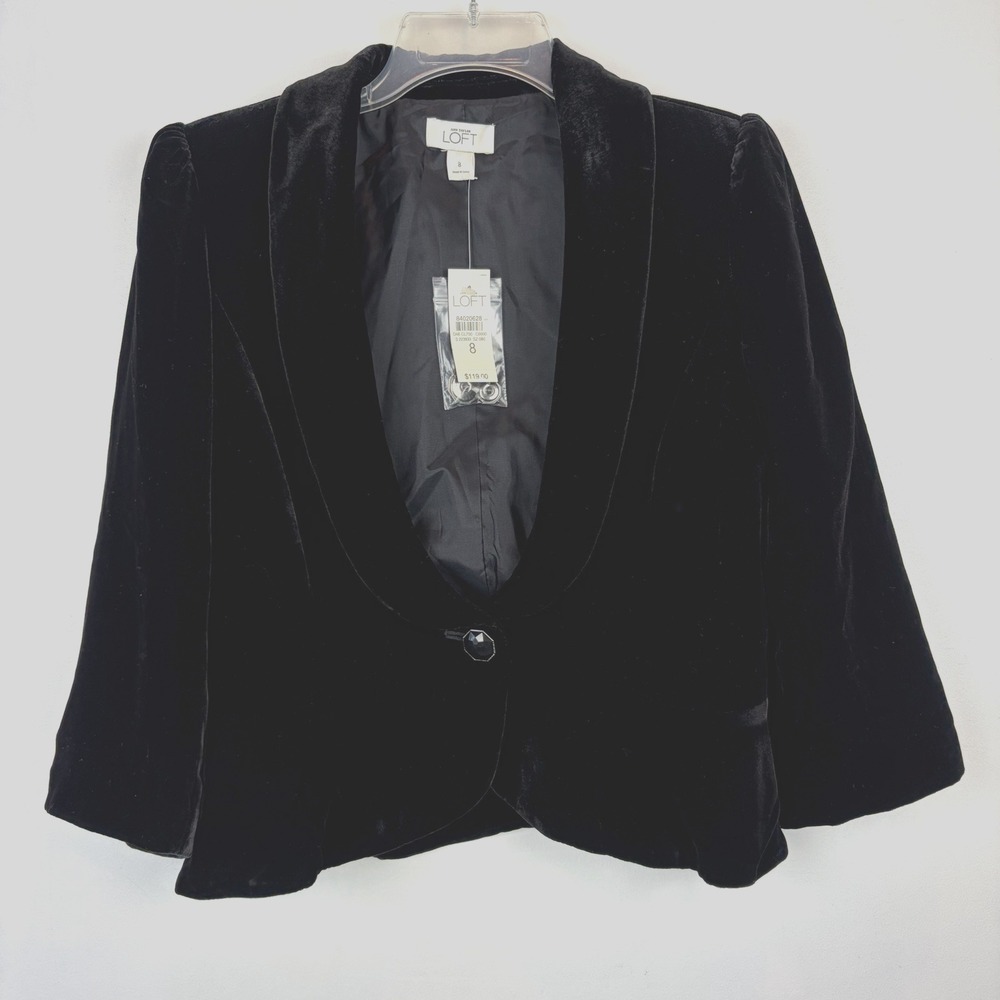 Ann Taylor Loft Blazer Velvet Womens 8 One Button Cropped Black Dressy Event